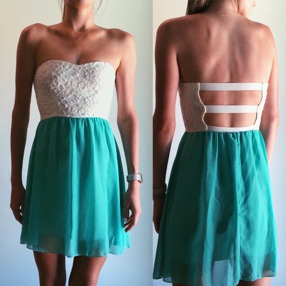 Dresses & Skirts - Tiffany Blue & White Lace Strapless Dress